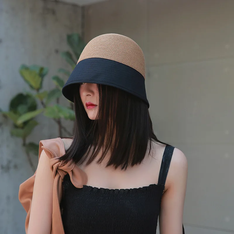 

Korean Contrast Stitching Straw Hat Summer Ins Outdoor Beach Sun Hats Women Multicolor UV Protection Hat Basin Cap