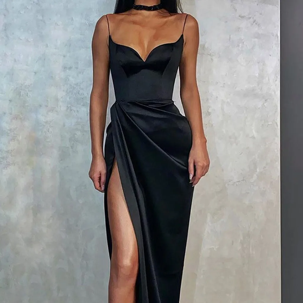 

Summer Clothes For Women Dress 2021 Fashion Black V-neck Fork Opening Strap Sleeveless Long Dress Robe Femme