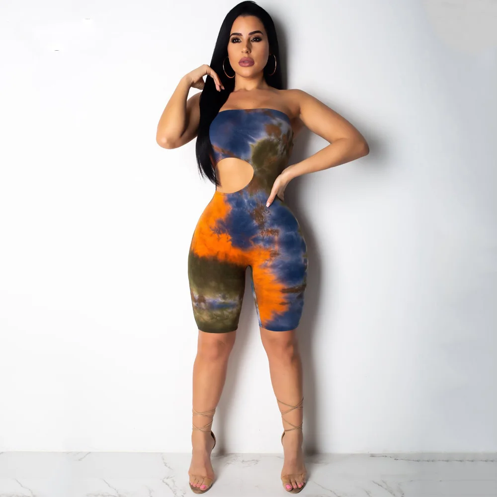 

Women Sexy Jumpsuit Tie Dyeing Bodycon Strapless Casual Club Party Romper Overalls Femme Summer Fashion Tracksuit Clothes