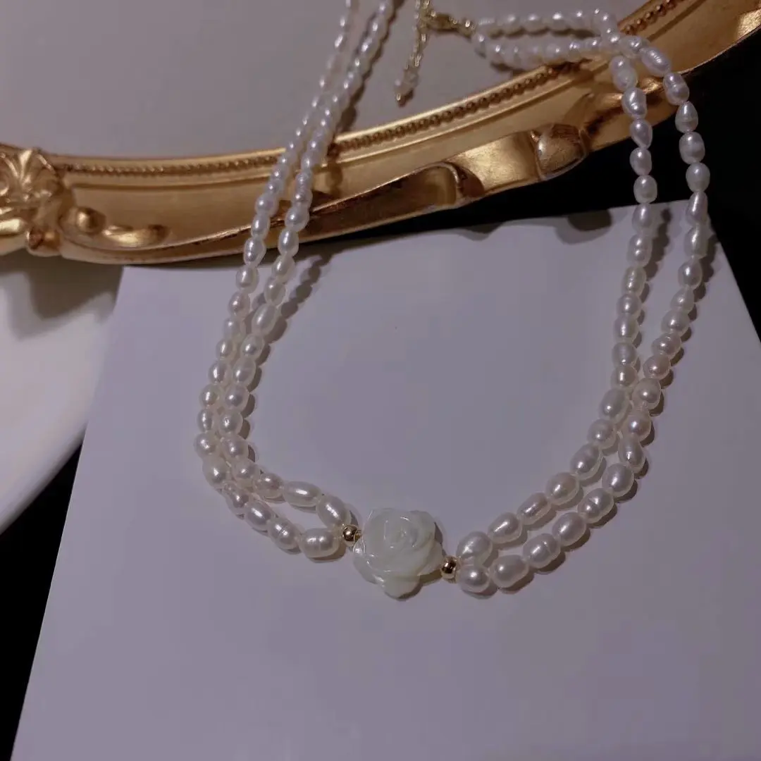 

SHANGZHIHUA Natural Pearl Double Hollow Flower Necklace 2021 Korean New Fashion Woman's Necklace Party Gift Jewelry Gift Set