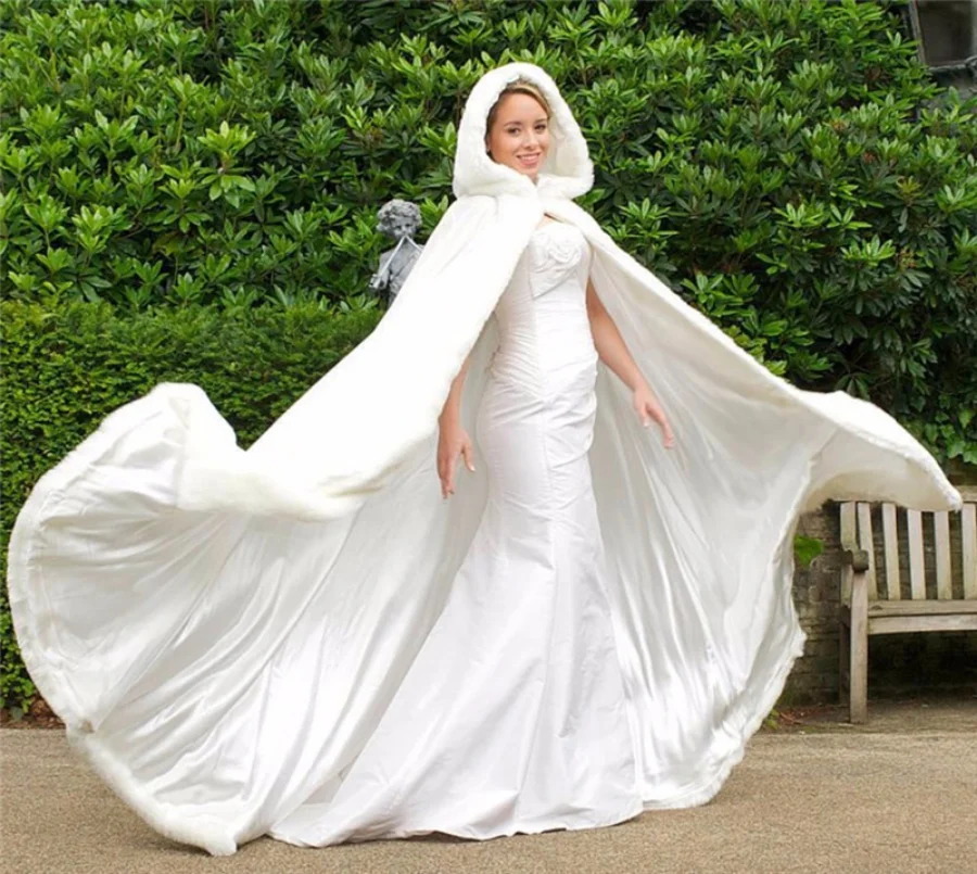 

Зимняя длинная теплая Свадебная накидка, белая меховая шаль, свадебные аксессуары для невесты, куртка с капюшоном и искусственным мехом с о...