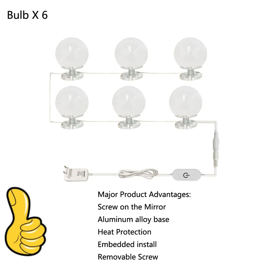 EU Plug 12V 6LEDs Светодиодный светильник-зеркало для макияжа, голливудский туалетный светильник с бесступенчатой регулируемой яркостью, настенный светильник EU/USB, 6, 10, 14 ламп, комплект для туалетного столика - Испускаемый цвет: EU Plug 12V 6LEDs