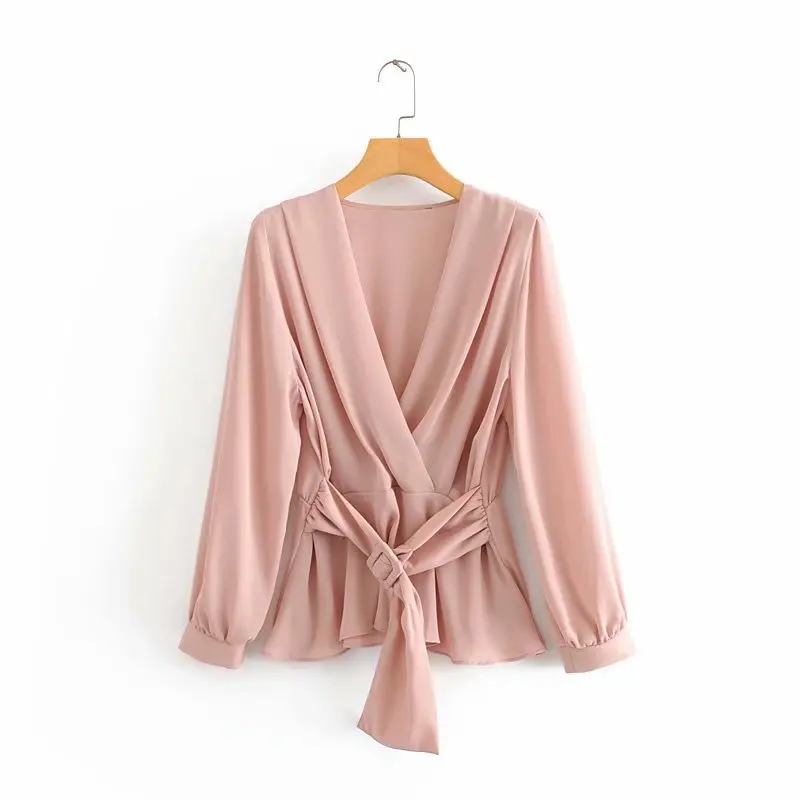 Стильная женская блузка осень 2019 новая мода v образный вырез длинный рукав