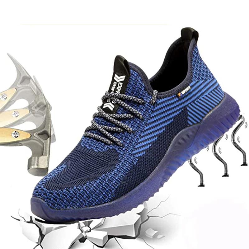 Легкая защитная обувь, мужская, женская, Мужская рабочая обувь, дышащие защитные кроссовки со стальным носком, синяя резиновая обувь для жен... от AliExpress RU&CIS NEW