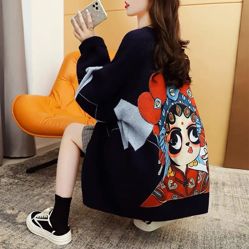

Chinese Style Facebook Sweater Cardigan Women 2021 New Autumn Winter Loose Oversize Mid-Length V-neck Thick Knitted Sweater Coat