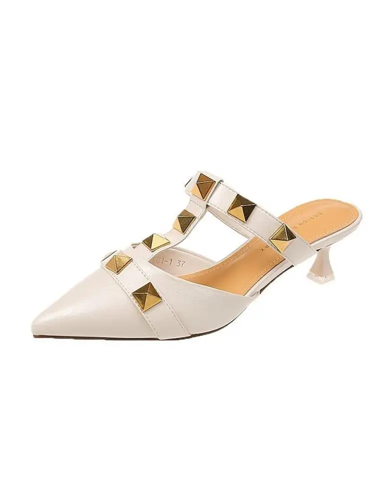 

Fine-Heeled Pointed Rivets Solid Color Ladies High-Heeled Slippers For Outer Wear Summer New Fashion All-Match Mid-Heel Slippers