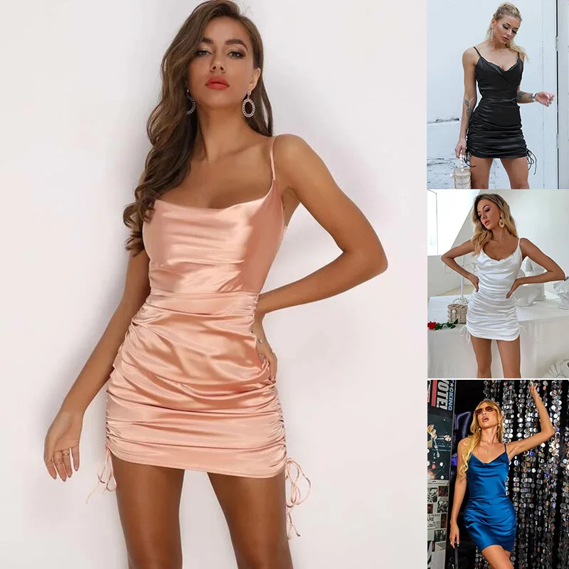 

2022 Summer Fashion Women Mini Dress Solid Color Sleeveless Sling Drawstring Pleated Satin Bodycon Dress Vestido De Mujer