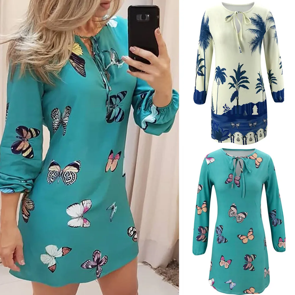 Женское осеннее мини платье в стиле ретро с принтом виде бабочек и губ на