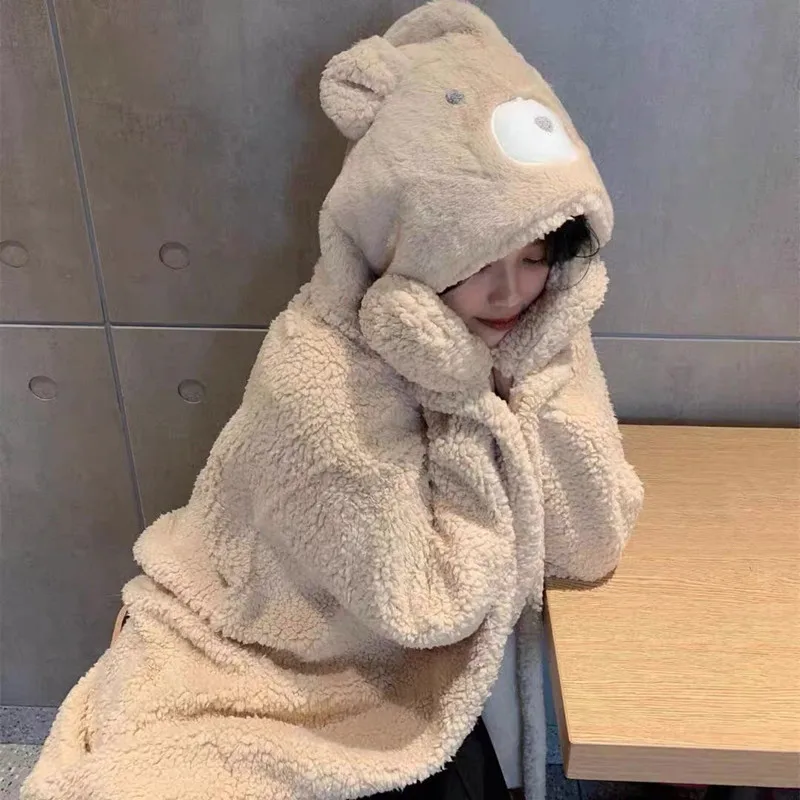 Autumn/winter Lamb Down Cute Cartoon Bear Hooded Home Cloak Blanket Thickened Warm Casual Blanket