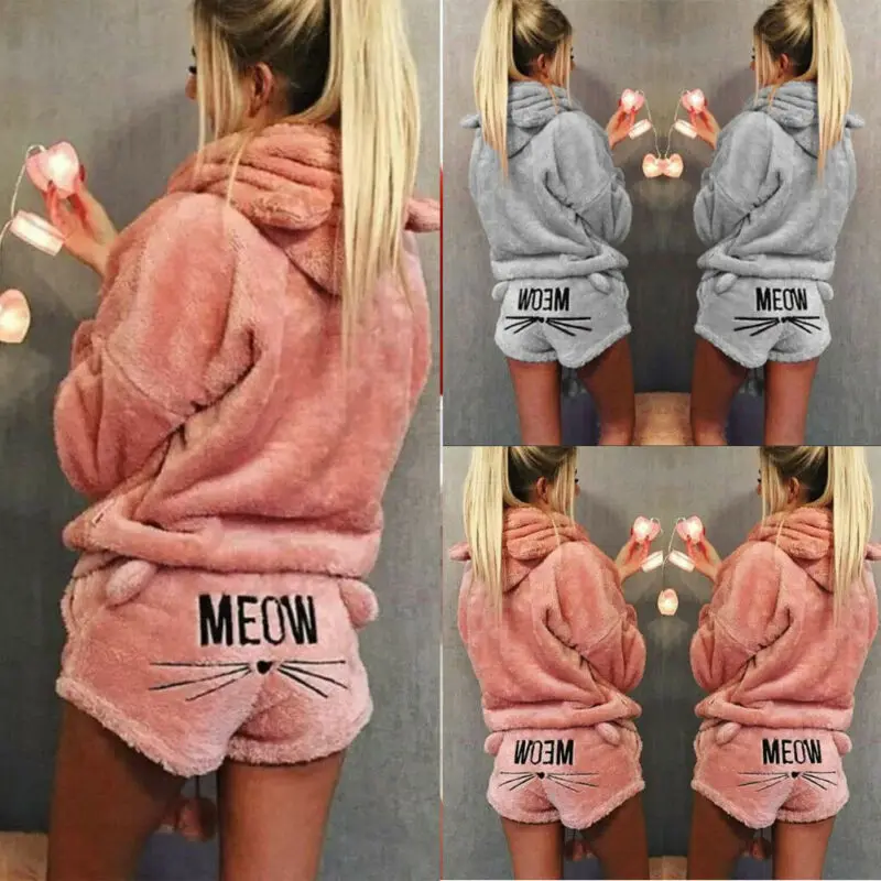 

Fashion Women Sets Sweatshirt Pants Sets Cute Cat Jacket Soft Cat fur hooded pajamas pajamas jumpsuit pajamas winter warm