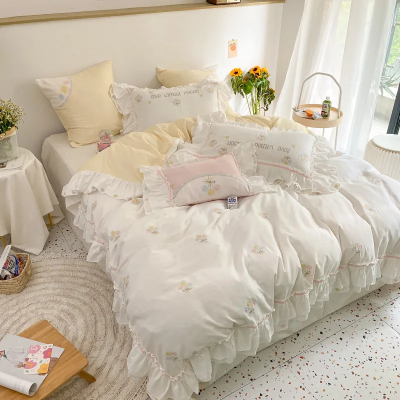 

Embroidery Comforter Bedding Set Bed Linen Cotton Duvet Cover Family King Queen Size Bedding Sets Washed Cotton Bed Cover Set