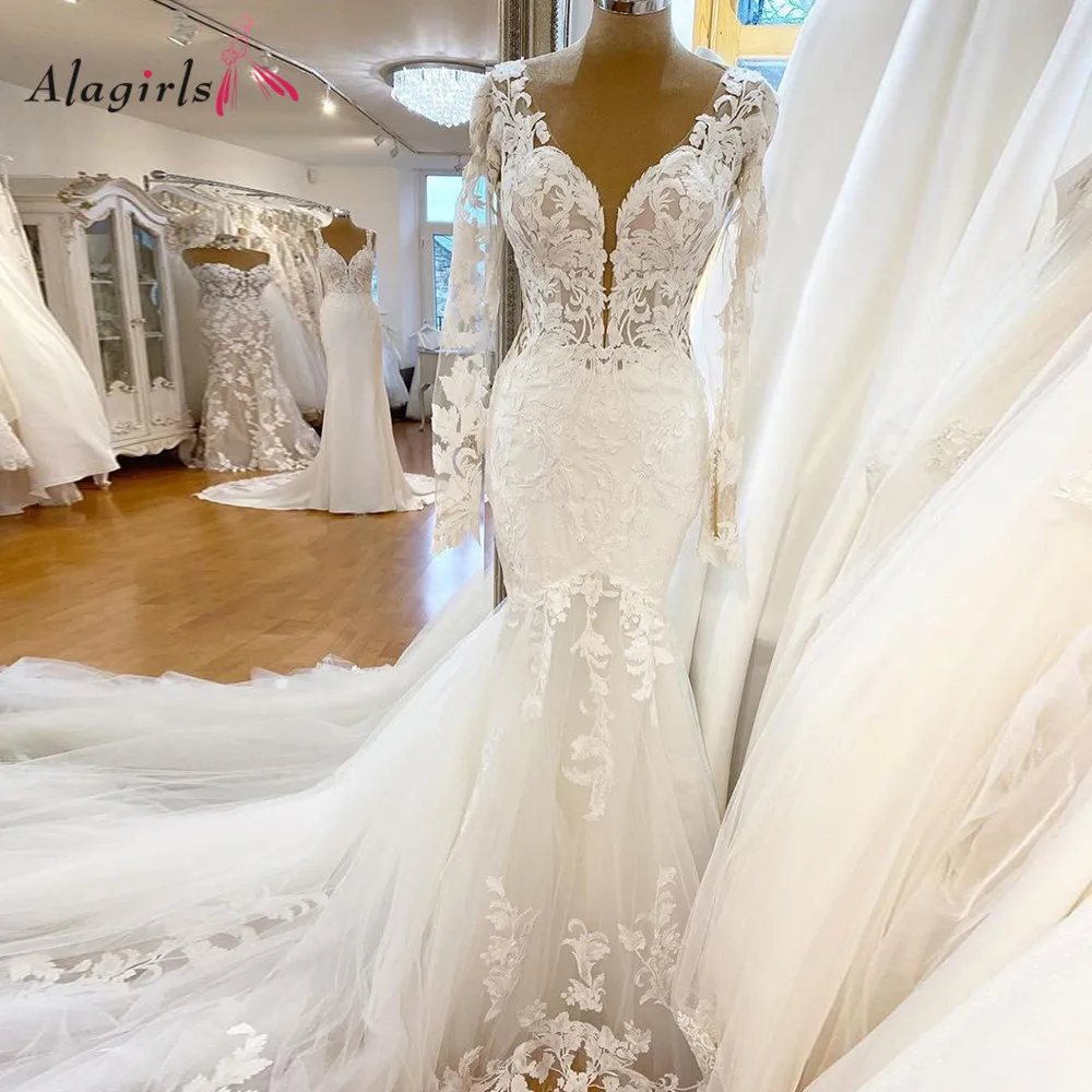 Lace Mermaid Wedding Dress Boho Beach Bridal Dresses Long Sleeves Backless Chapel Train Wedding Gown Plus Size Vestido De Noiva