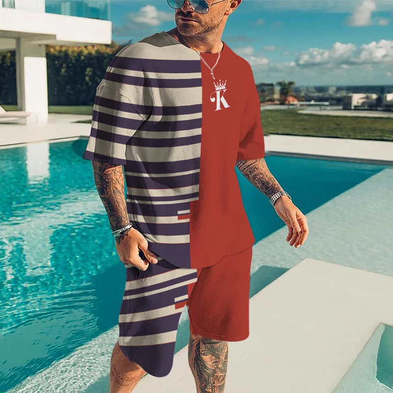 

Striped Old K3 T-Shirt Casual Sportswear Running Men'S Suit Sports Suit Short-Sleeved Men'S T-Shirt + Sports D Printing Quick-Dr