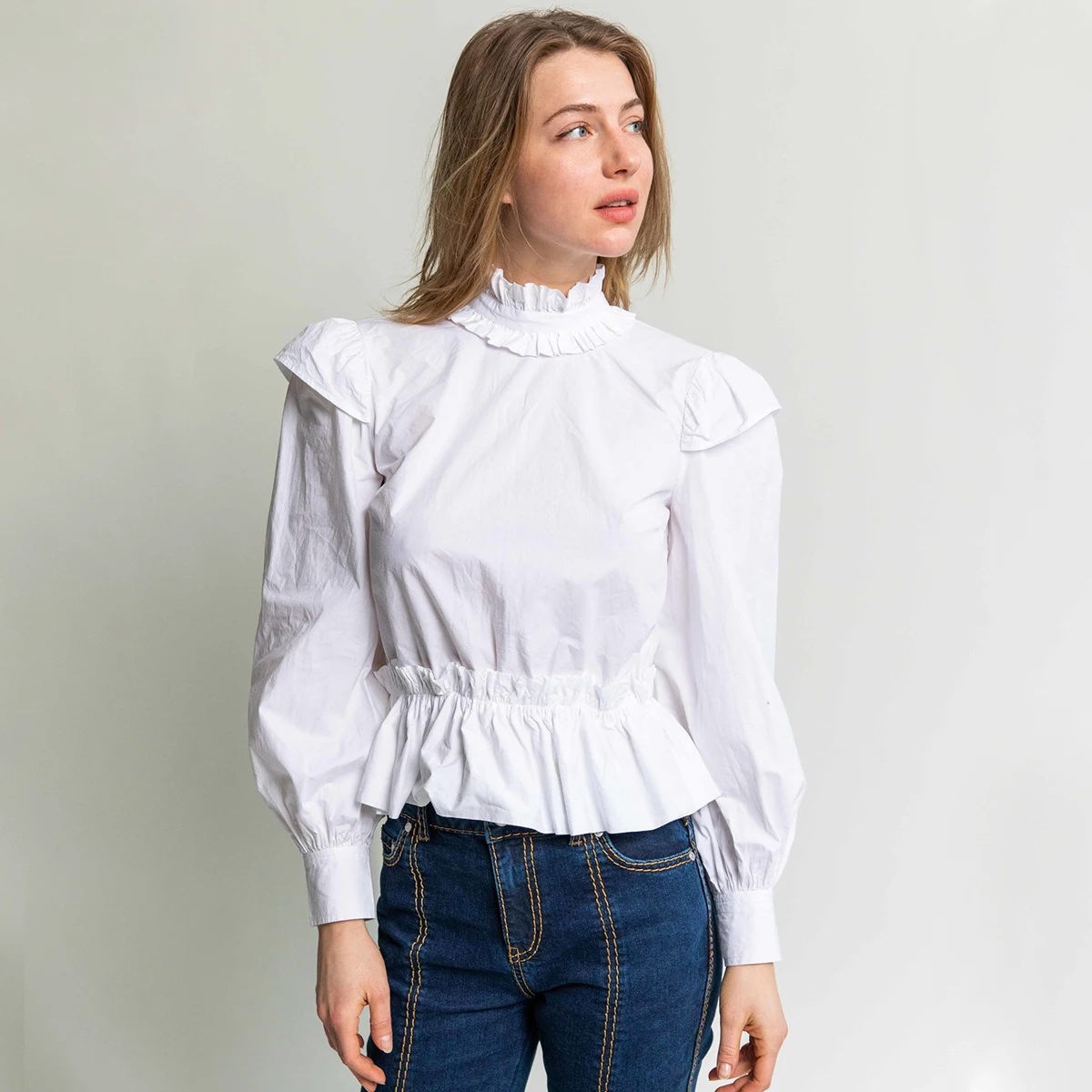 

Ruffles Patchwork White Blouse Woman Spring Stand Neck Back Split Button Cotton Shirts Femme Casual Vintage Chic Chemise Tops