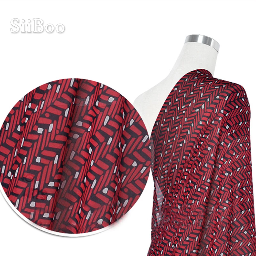 Американский стиль красный геометрический принт 100% натуральный шелк шифон ткань