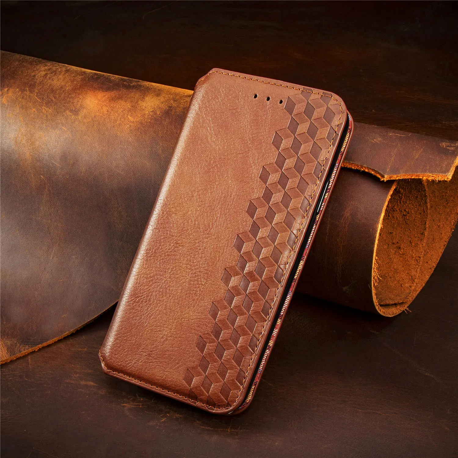 

Checkered Leather Case For OPPO Realme X7 Pro X50 Pro 5G C3 C17 C15 C12 C11 7I 6i 6 Pro Flip Wallet Card Slot Case Cover Coque