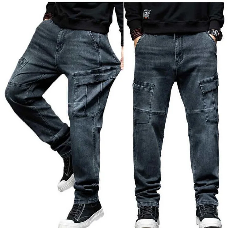 High Waist Jeans Men Stretched Loose Straight Tall Man Denim Trousers Elastic Jeans  Straight Loose Pants