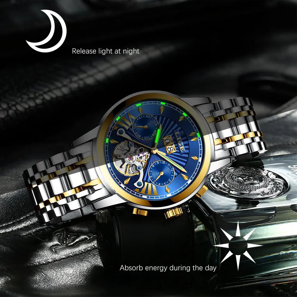LIGE мужские s часы Топ люксовый бренд Tourbillon автоматические механические часы мужские водонепроницаемые часы со скелетом Montre Homme+ коробка