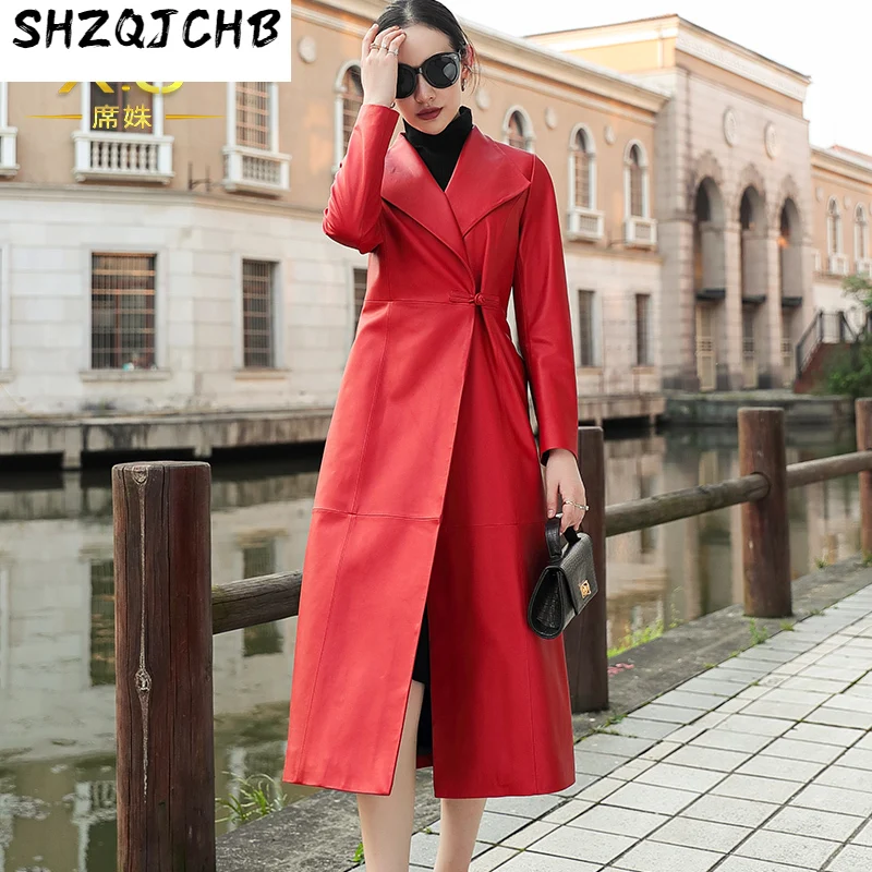 

SHZQ, Новинка осени 2021, ветровка из овечьей кожи, Женская облегающая однотонная кожаная куртка средней и большой длины в китайском стиле