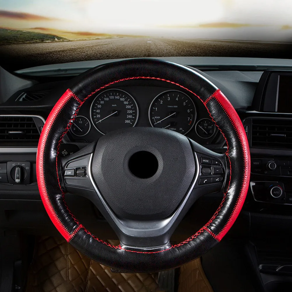 

W/ Needles Thread Steering Wheel Cover Four Seasons High Leather Soft 37-38cm Anti-slip Black+Red