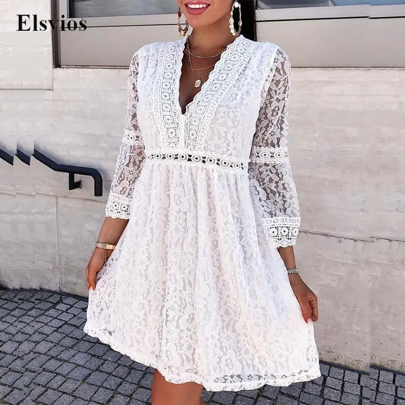 

Elegant Floral Embroidery Lace Party Dress Solid Fashion Flare Sleeve Loose Office Dress Lady Sexy Hollow Out V Neck Mini Dress