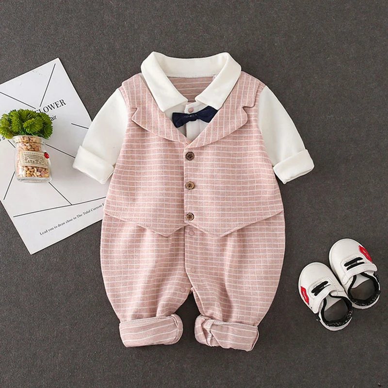 Весенний комплект одежды для маленьких мальчиков комбинезон в клетку костюм