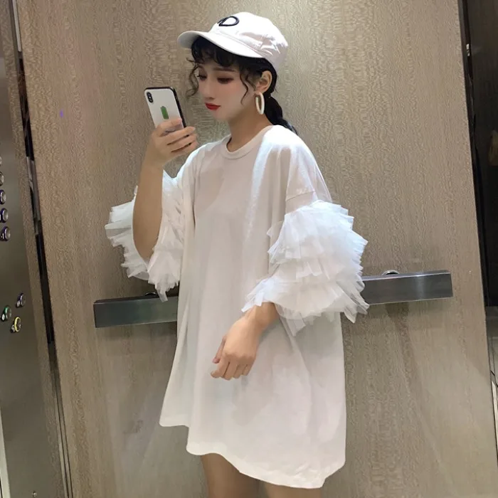 

Summer Oversized T Shirt Women Short Sleeve Mesh Top Cotton Tees Shirt Femme Puff Sleeve Top Korean Streetwear