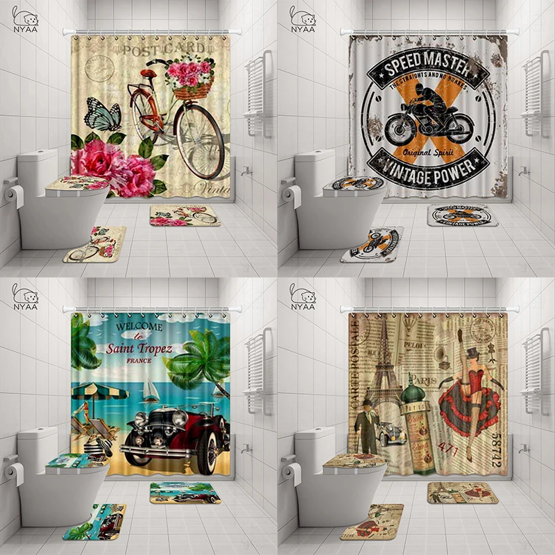 NYAA 4 шт. велосипед с розовыми цветами душ занавеска пьедестал коврик крышка для