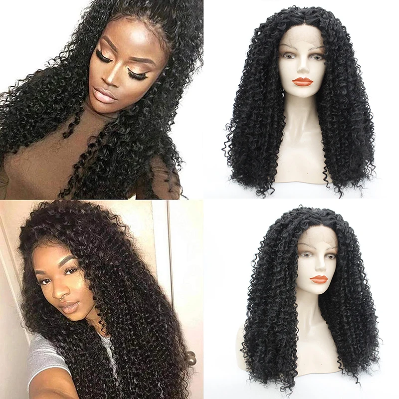 

Cheap Sexy 180% Density 1b# Long Kinky Curly Glueless High Temperature Fiber Hair Synthetic Lace Front Wigs Natural Hairline