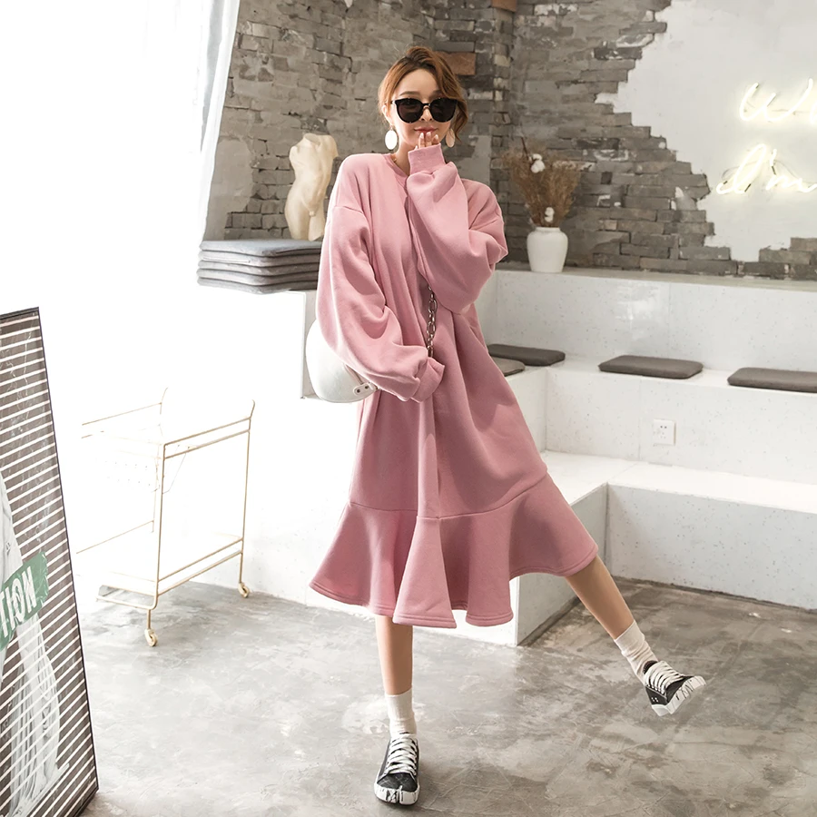 Розовый BelineRosa L, XL, 2XL, 3XL Элегантный розовый черный Повседневные толстовки и платья Свободные длинные хлопающие хлопчатобумажные ткани плюс размер зимнее платье HM000002 - Цвет: Розовый