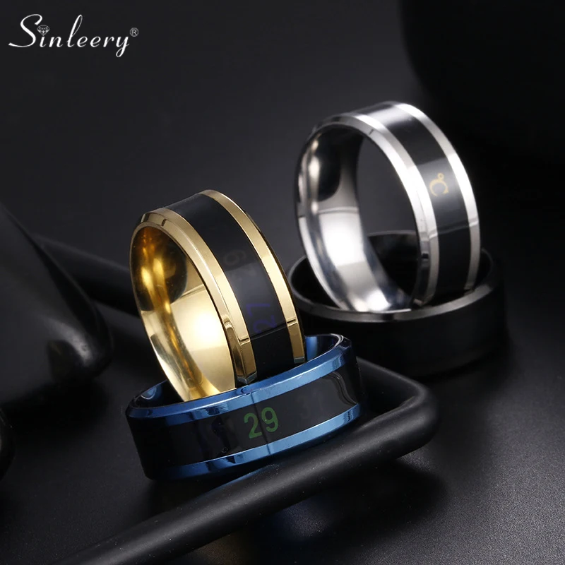 

SINLEERY Stainless steel ring temperature display sense Celsius smart ring finger couple jewelry Ring for Men Women JZ221 SSK