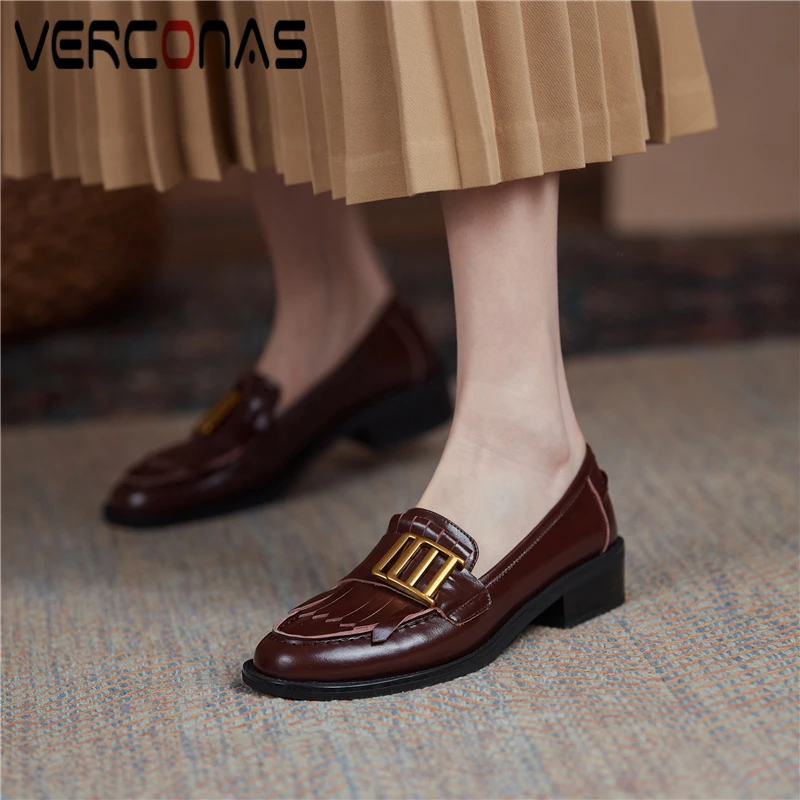 

Женские туфли-лодочки из натуральной кожи VERCONAS, серые туфли из натуральной кожи с металлическим украшением на низком каблуке, повседневные ...