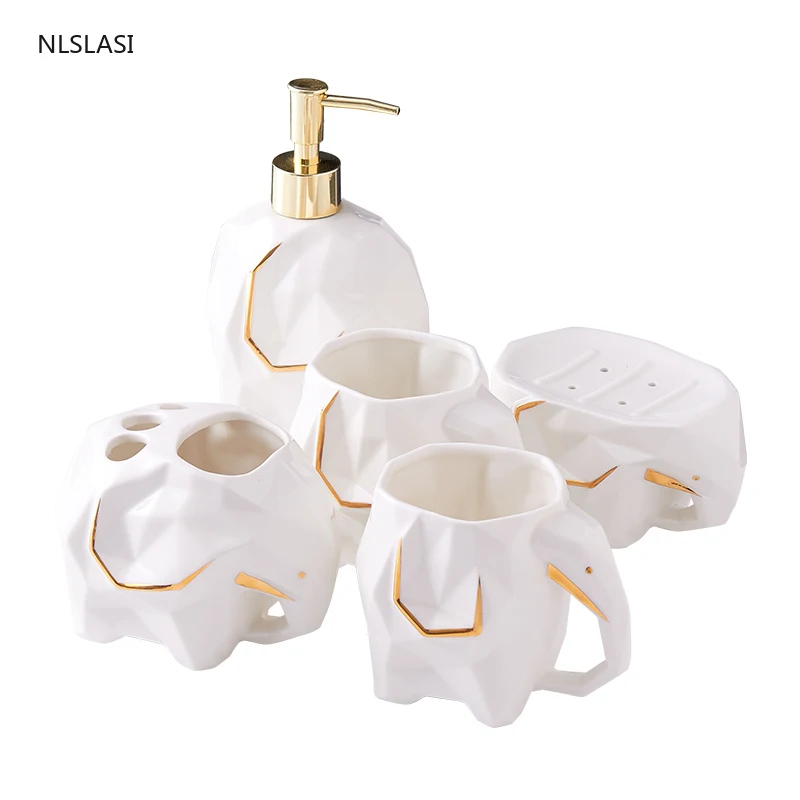 

Nordic Phnom Penh Elephant Shape Ceramic Bathroom Accessories Set Mouth Cup Soap Dispenser Toothbrush Holder Soap Dish Decor