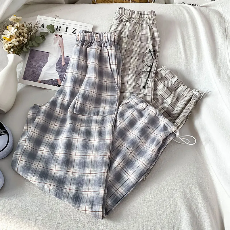 

Брюки женские клетчатые с высокой талией и широкими штанинами, универсальные модные прямые длинные брюки в стиле Харадзюку, простые студен...