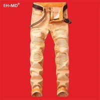 eh%c2%b7md%c2%ae pleated hole patch jeans mens yellow cotton soft small straight high street personalized slim pants motorcycle 2020 new