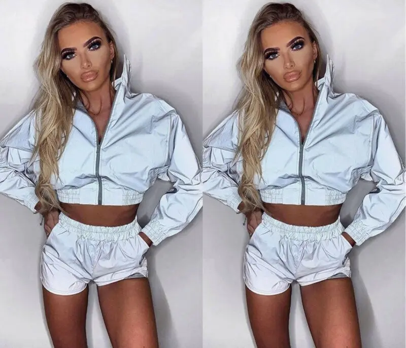 

Fashoin Hirigin Women Blazer Reflective Zipper Coat High Street Turn Down Collar Long Sleeve Casual Jacket Outwear Crop Top