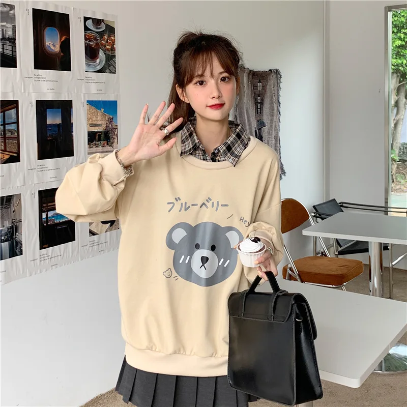 

Spring Autumn Cute Cartoon Long Sleeve Lapel Pullover Teddy Bear Fake Two Piece Women Sweatshirts Preppy Style Green Sweatshirts