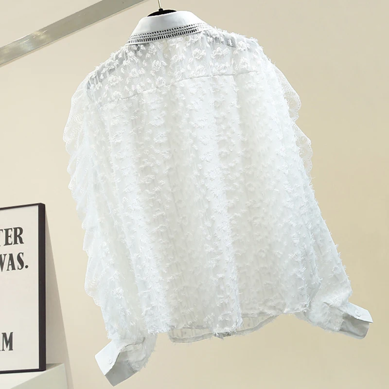 2020 Black Women Shirt Beading Collar Office Lady Daily Tops Spring Lace Patched Tassels White Blouse Women