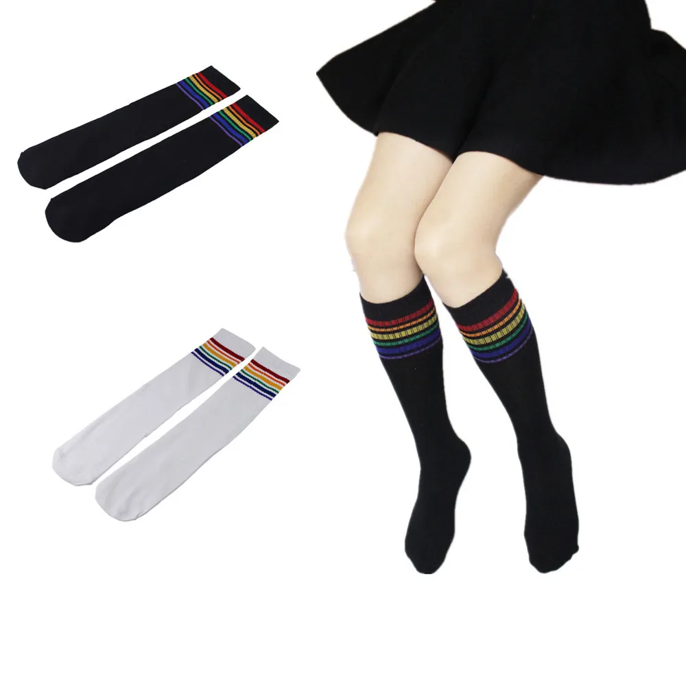 1Pair Women Thigh High Socks Over Knee Rainbow Stripe Girls Football Black White Long Sock | Женская одежда