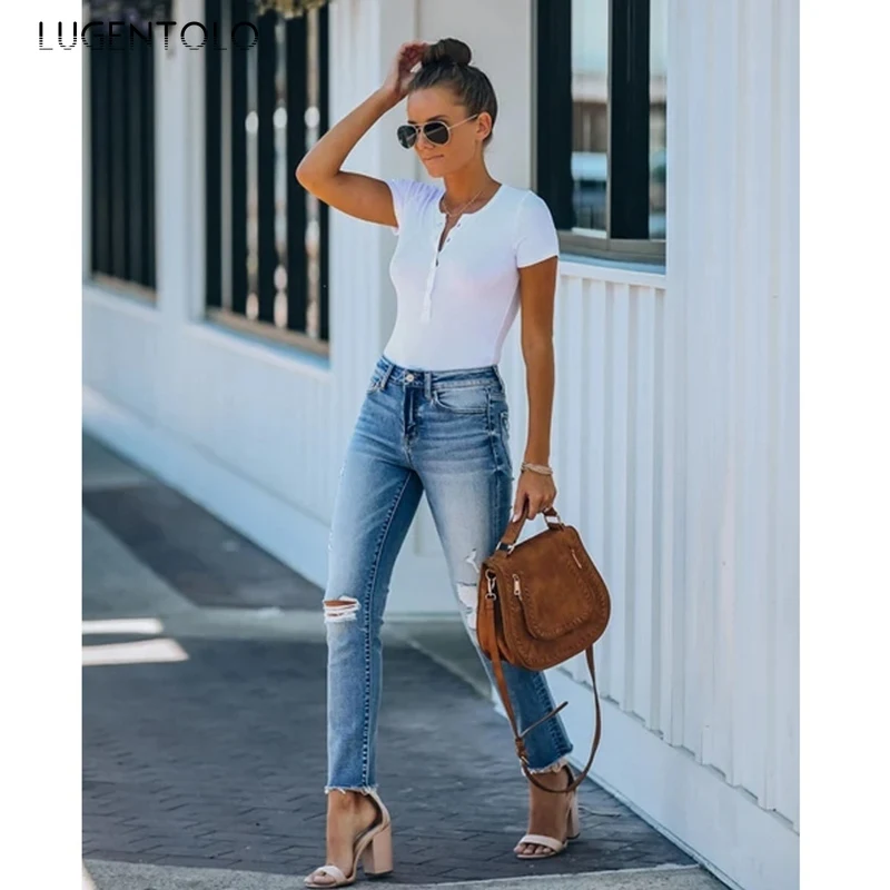 

Lugentolo Women's Sexy Jeans Hole Ripped Slim-fit Tassled Blue Street Fashion Jeans Female Casual Long Pencil Jeans