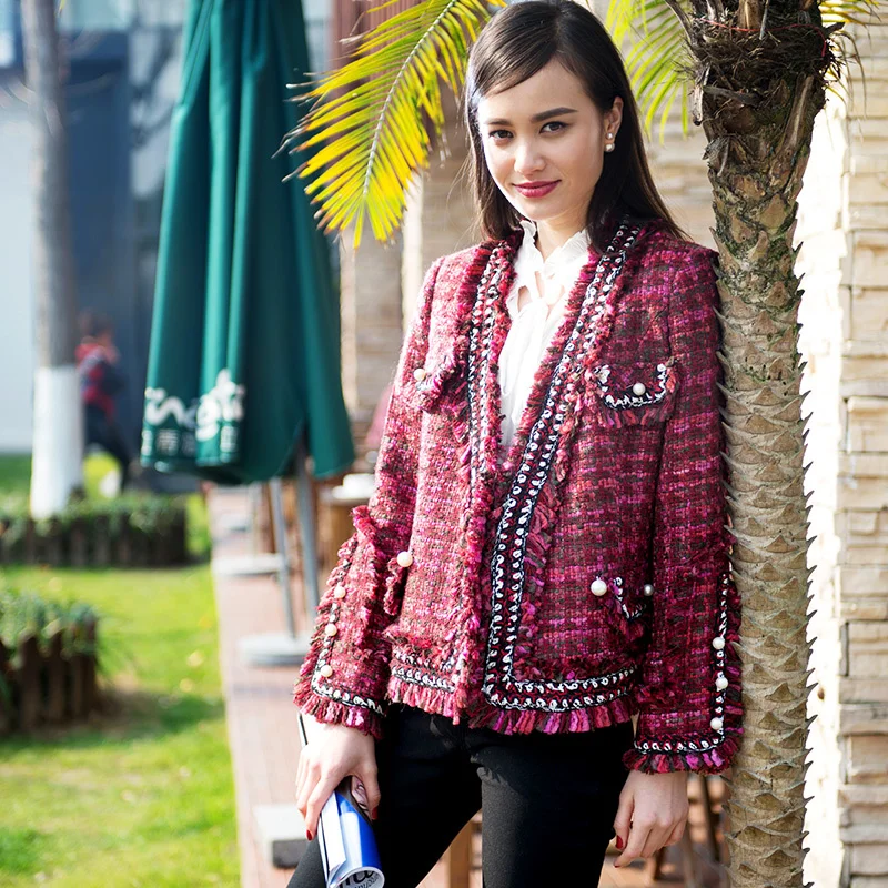 

Женская твидовая куртка на пуговицах, короткая трикотажная куртка с длинным рукавом и жемчужными пуговицами, весна/осень/зима