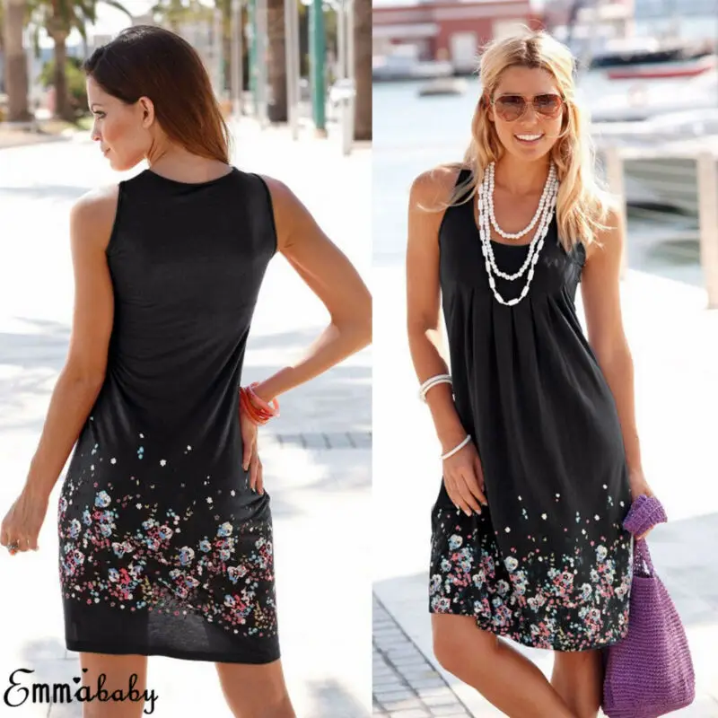 

Summer Boho Beach Dress Women Tank Sleeve Flower Print loose Short Mini Dress Female Sundress Vestidos for Evening Party