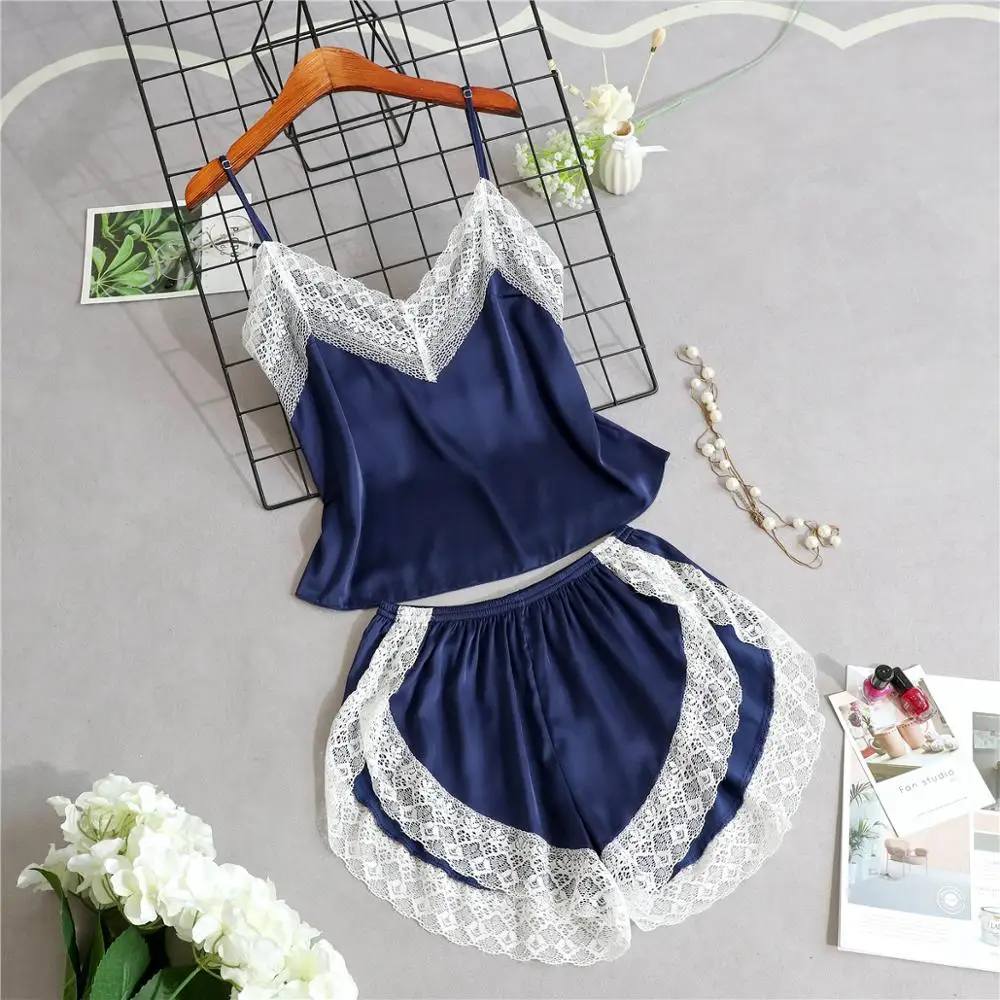 

New Pajamas Sets Sexy Lace Pyjamas For Women V-neck Femme Summer Sleepwear Satin Strap Loose Nightwear Lingerie Female
