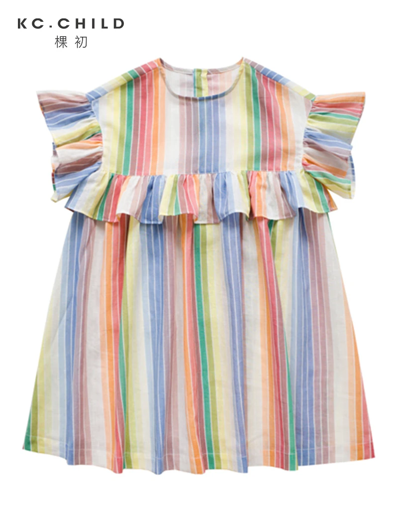 KC.Child Girl's Rainbow Dress with Ruffles Breathable Cotton Linen Fabric Kid's for Summer Age2-10Y | Детская одежда и