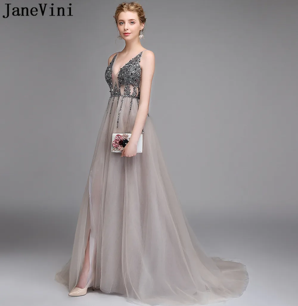 

JaneVini Luxury Women Crystal Beaded Prom Dresses 2020 Long Plus Size Sexy Backless Split Evening Gowns Tulle V Neck Party Wear