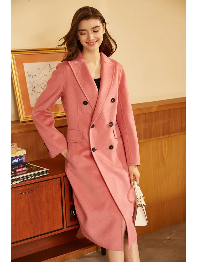 

Shzq розовое высококачественное двустороннее кашемировое пальто женское приталенное шерстяное пальто средней длины для осени/зимы 2021 Новин...