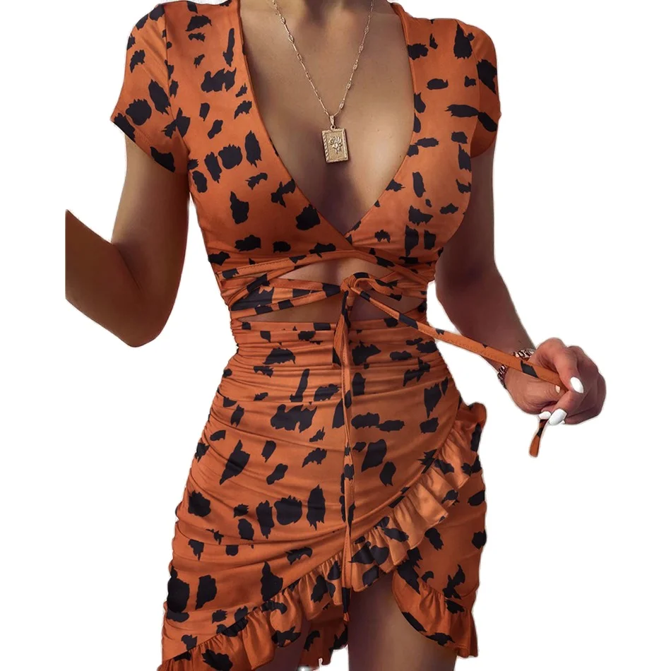 

2021 Summer Women Floral Print Fashion Tie Up Wrap Mini Dress Holiday Ruffles Sundress Ruched Dress