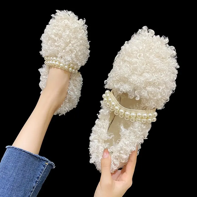 

2021 Fur Women Shoes Woman Flats Winter Warm Pearl Loafers Plush Slip on Shallow Round Toe Mary Janes Cotton Casual Shoes