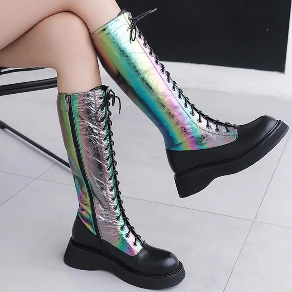 

Karinluna Hot Sale Fashion New Brand shoes woman Genuine Leather High Quality Mid-calf Mixed Color Autumn Winter Female