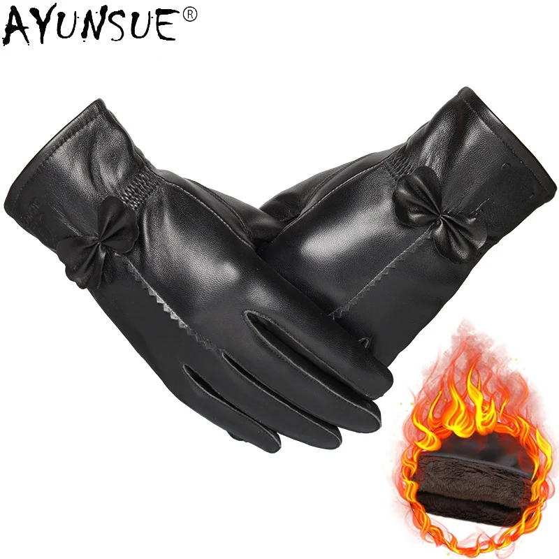 

AYUNSUE Fashion Real Sheepskin Leather Gloves Women Soft Plus Velvet Gloves Black Driving Gloves Winter Guantes Invierno SQQ403